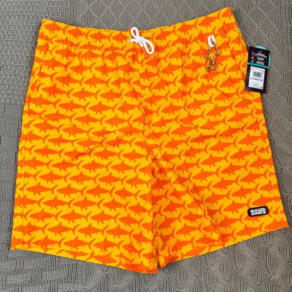 NWT Rugged Shark Orange Swim Shorts/Trunks with Shark Pattern 14/16